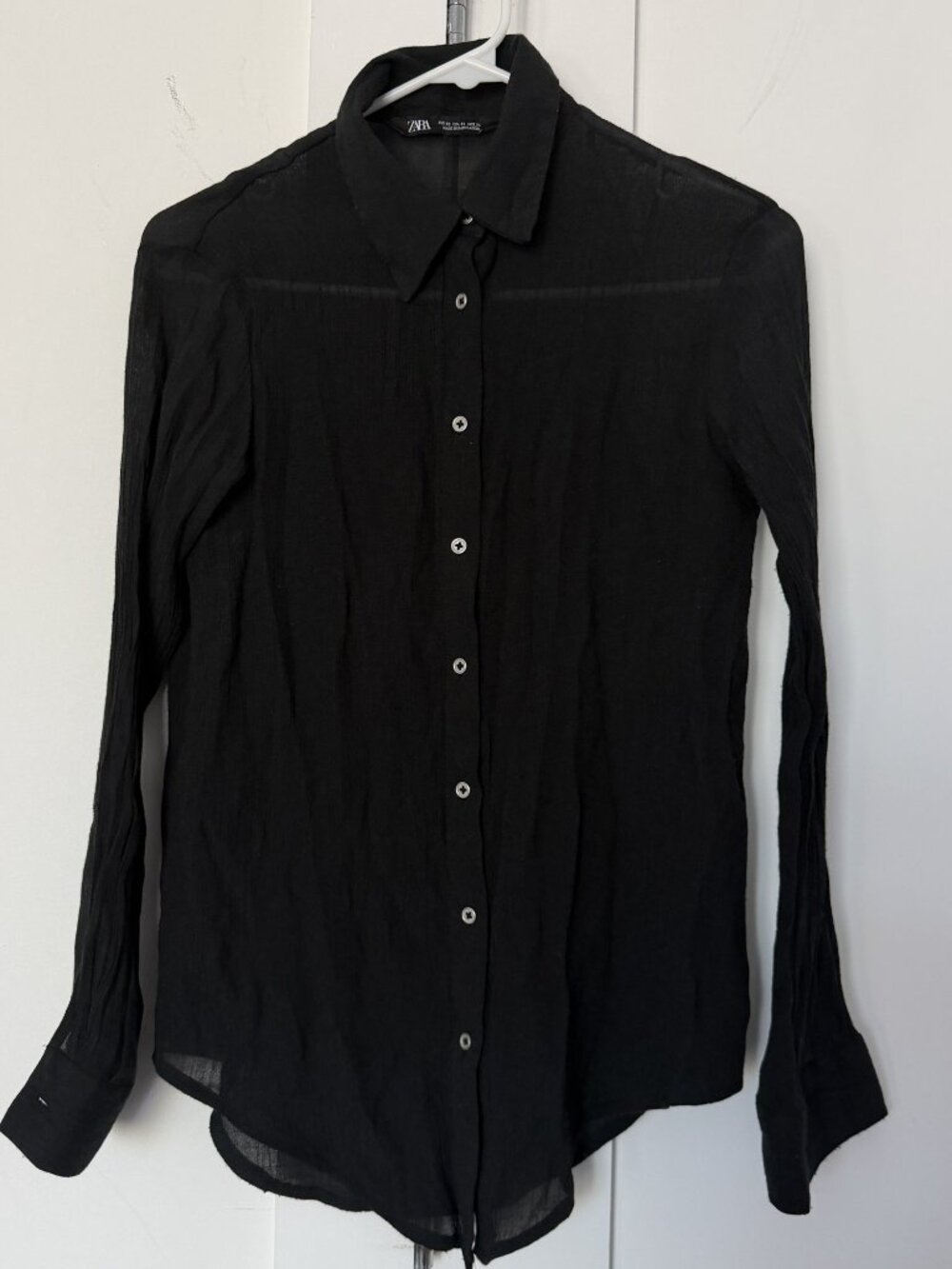 Zara Sheer Crinkle Gauze Button Up Shirt Black